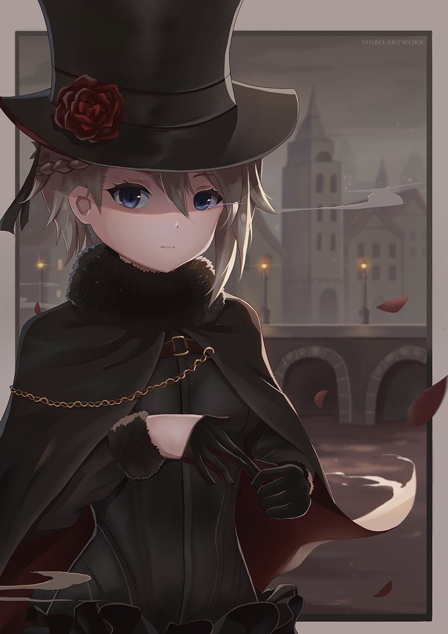 1girl ange_(princess_principal) black_cape black_gloves black_hat blue_eyes braid bridge cape female_focus flower gloves grey_hair grey_sky hat hat_flower highres lamppost looking_at_viewer outdoors princess_principal removing_glove shirokun0824 sky solo upper_body