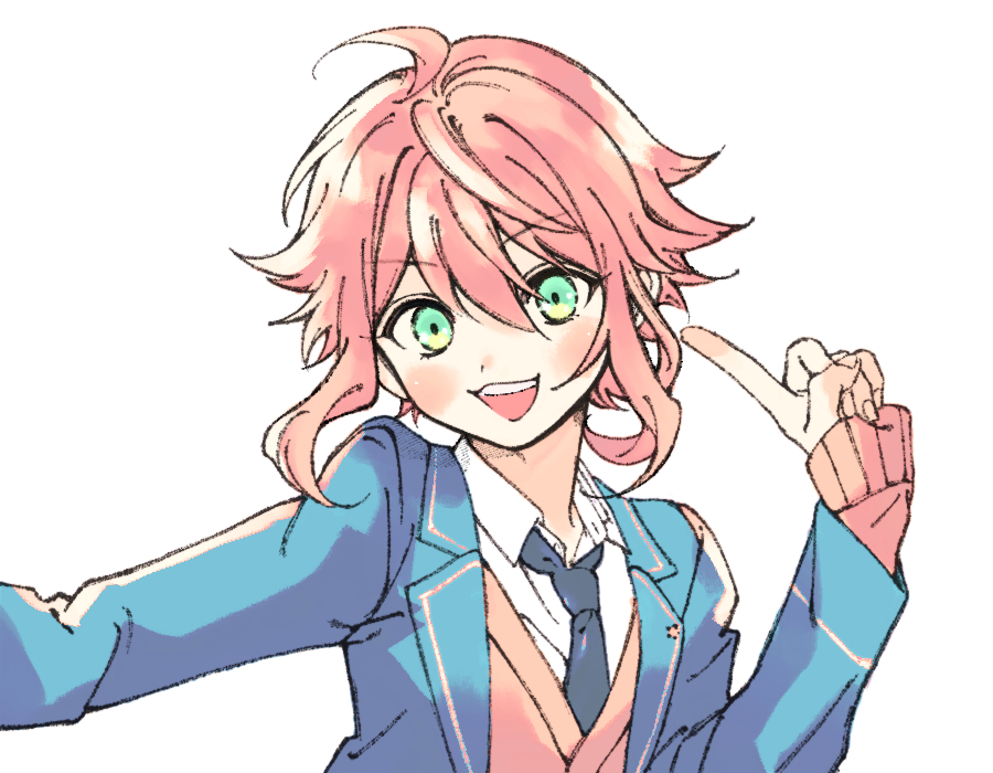 1boy :3 ahoge blazer blue_necktie blush brown_sweater_vest collared_shirt cowlick dorsiflexion_(wrist) double-parted_bangs ensemble_stars! flipped_hair green_eyes hair_between_eyes hand_up happy himemiya_tori index_finger_raised jacket layered_sleeves looking_to_the_side male_focus necktie open_clothes open_collar open_jacket open_mouth outstretched_arm pinching_sleeves pink_hair portrait school_uniform shirt short_hair_with_long_locks simple_background solo sweater_vest tachi-e teeth trap upper_teeth_only white_background white_shirt wing_collar wuurvo yumenosaki_school_uniform