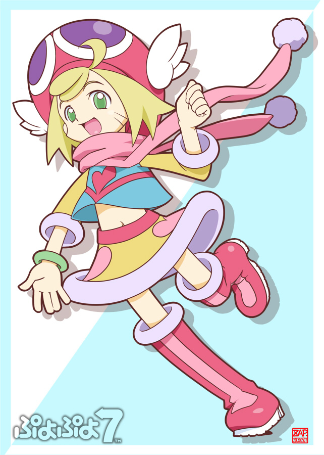 1girl :d amitie_(puyopuyo) blonde_hair boots bracelet copyright_name dress female_focus full_body green_eyes hat jewelry madou_monogatari navel open_mouth pink_footwear pom_pom_(clothes) puyopuyo puyopuyo_7 puyopuyo_fever running scarf shirt short_hair skirt smile solo standing standing_on_one_leg yellow_dress yellow_skirt zap