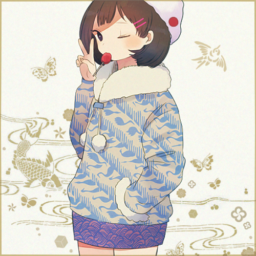 1girl animal_print ayu_(mog) bad_id bad_pixiv_id bird bird_print brown_hair bug butterfly candy cowboy_shot crane_print female_focus fish food fur_trim hair_ornament hairclip hand_in_pocket insect koi lollipop looking_at_viewer lowres mouth_hold one_eye_closed original pom_pom_(clothes) seigaiha short_hair skirt solo v wink