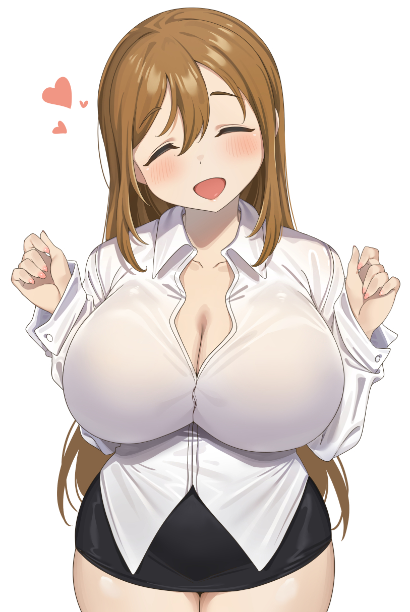 1girl black_skirt blush breasts brown_hair closed_eyes collared_shirt hands_up heart highres kunikida_hanamaru large_breasts long_sleeves love_live! love_live!_sunshine!! open_mouth shirt simple_background skirt smile solo tem10 white_background white_shirt