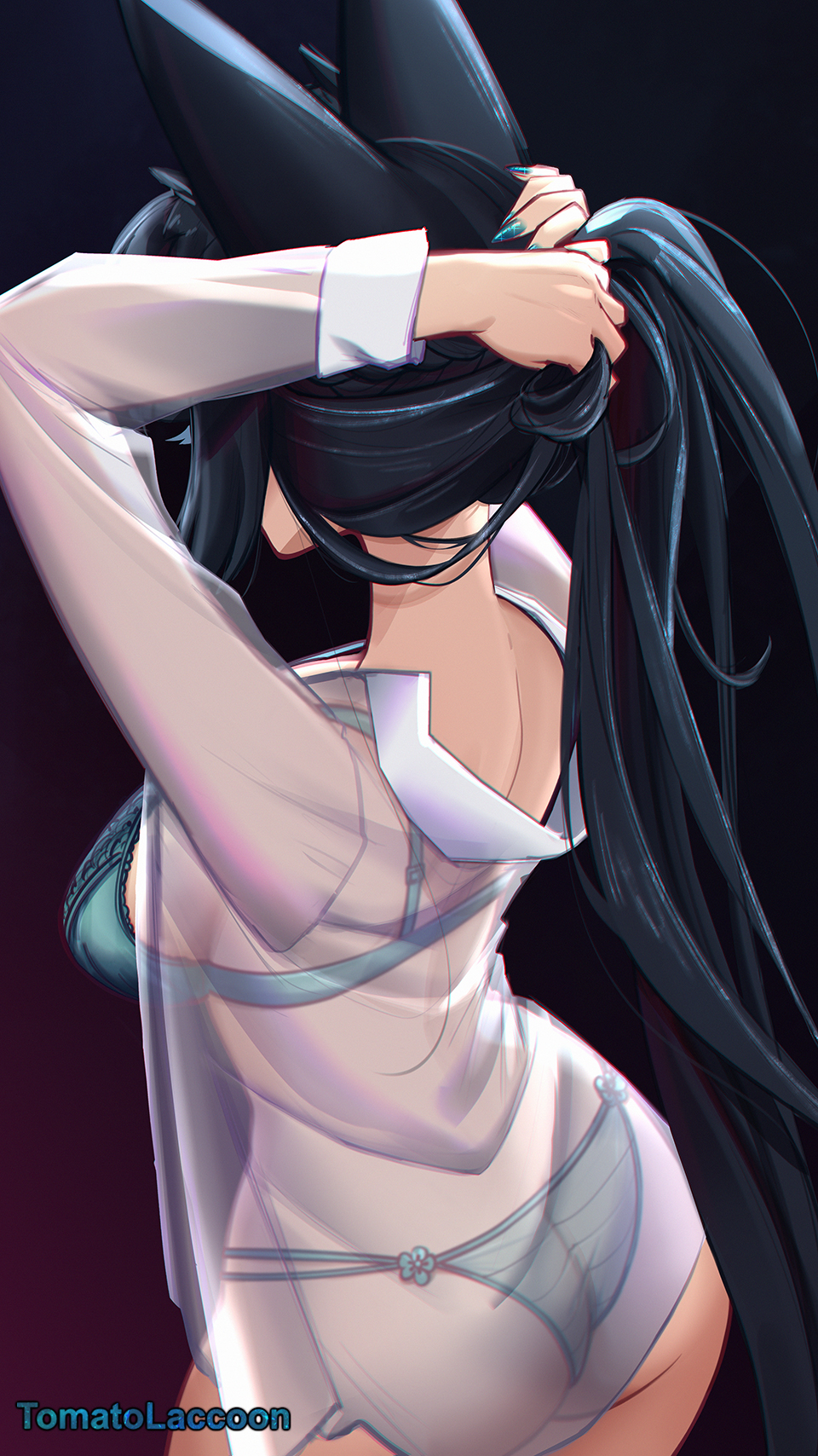 1girl aqua_bra aqua_nails aqua_panties arms_up ass black_background black_hair bra cowboy_shot highres hoshimi_miyabi long_hair nail_polish panties see-through_clothes see-through_shirt shirt solo standing tomatolaccoon tying_hair underwear very_long_hair white_shirt zenless_zone_zero