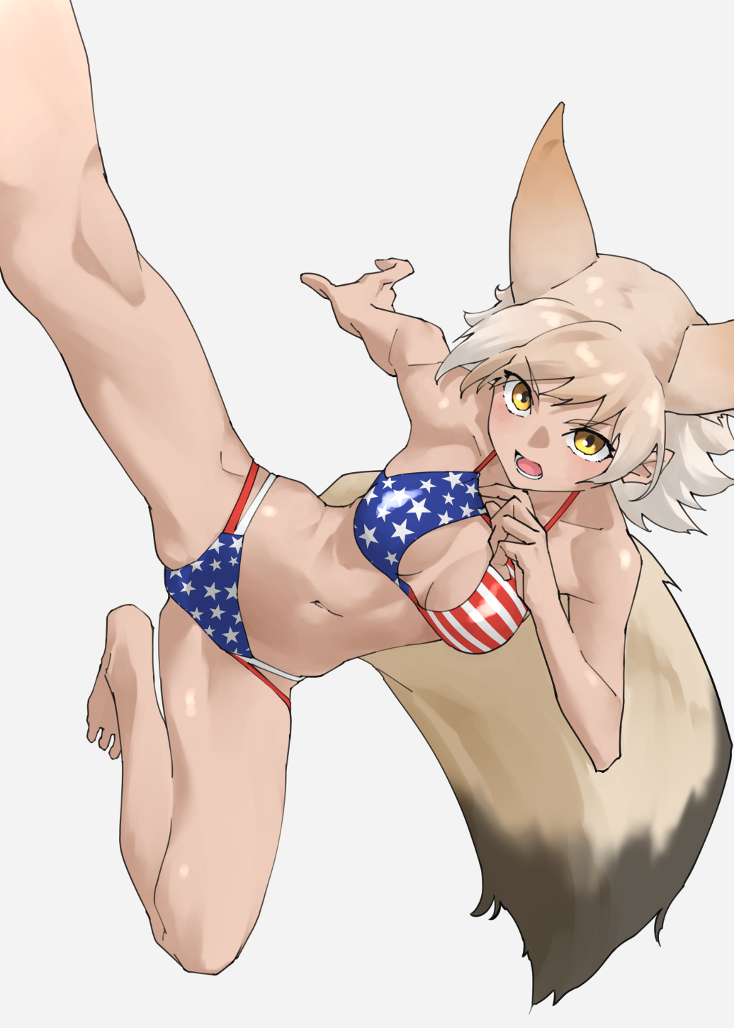 1girl american_flag american_flag_bikini american_flag_print animal_ears bare_arms bare_legs bare_shoulders barefoot bikini breasts collarbone commentary coyote_(kemono_friends) extra_ears flag_print flying_kick grey_background highres kemono_friends kicking light_brown_hair looking_at_viewer medium_breasts navel print_bikini short_hair simple_background solo stomach swimsuit tail tanabe_(fueisei) v-shaped_eyebrows white_hair wolf_ears wolf_girl wolf_tail yellow_eyes