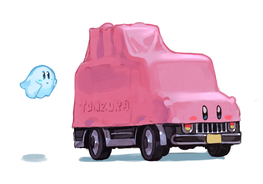 car car_mouth ghost_kirby hungry_clicker kirby kirby_(series) kirby_and_the_forgotten_land motor_vehicle mouthful_mode nintendo no_humans shadow simple_background white_background