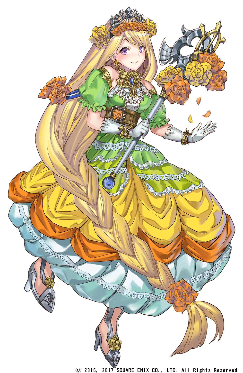 1girl absurdly_long_hair bare_shoulders blonde_hair blue_gemstone blush braid breasts copyright_notice detached_sleeves dress flower full_body gem green_dress grimms_notes highres holding holding_wand holding_weapon kochimo long_hair official_art orange_flower orange_rose princess puffy_detached_sleeves puffy_sleeves purple_eyes rapunzel_(princess)_(grimms_notes) rose shoes silver_footwear simple_background smile very_long_hair wand weapon white_background yellow_flower yellow_rose