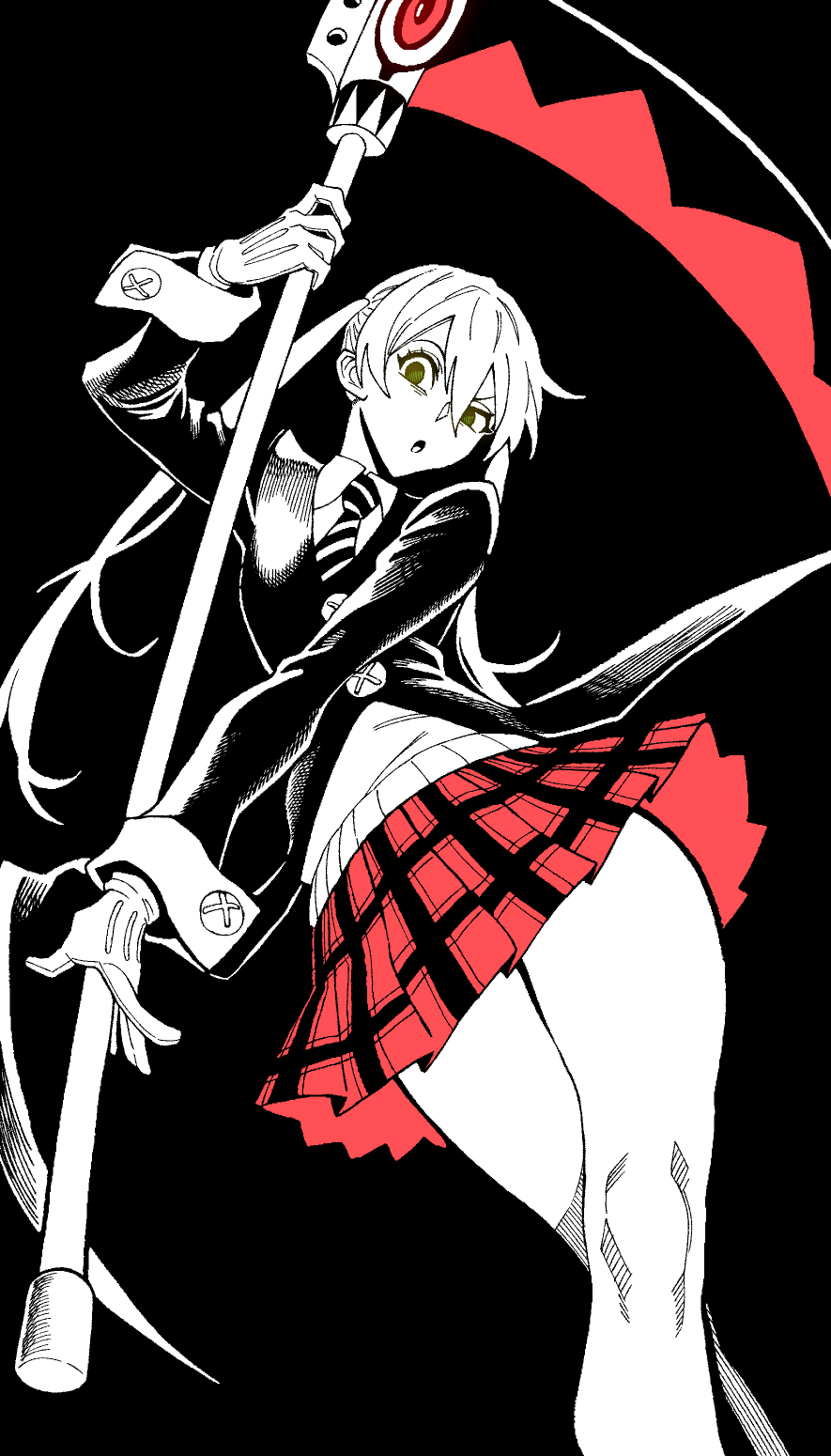 1girl :o black_background commentary gloves hair_between_eyes highres holding holding_scythe holding_weapon jacket legs long_hair maka_albarn monochrome necktie open_mouth plaid_clothes plaid_skirt scythe skirt solo soul_eater spot_color striped_necktie thighs twintails weapon websake wing_collar