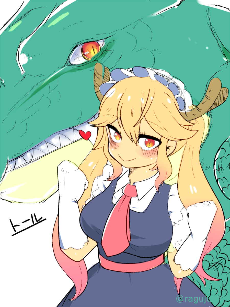 10s 1girl bad_id bad_pixiv_id blonde_hair blush breasts dragon dragon_girl dual_persona female_focus gloves highres horns kobayashi-san_chi_no_maidragon large_breasts long_hair maid_headdress necktie ragujuka scales slit_pupils smile solo tohru_(dragon)_(maidragon) tohru_(maidragon) twintails white_gloves