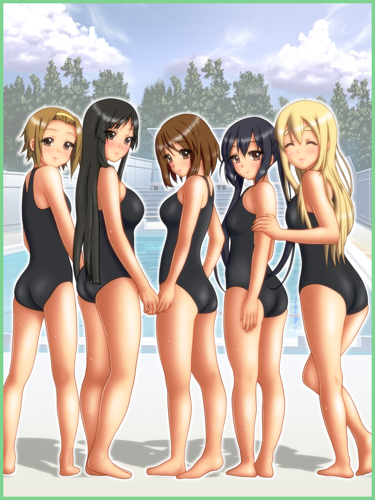 5girls akiyama_mio ass bad_anatomy bad_feet bad_id bad_pixiv_id barefoot black_eyes black_hair blonde_hair border brown_eyes brown_hair closed_eyes day eyebrows feet from_behind hirasawa_yui ho-kago_tea_time k-on! kimuti-g kotobuki_tsumugi legs lineup long_hair looking_back multiple_girls nakano_azusa one-piece_swimsuit outdoors pool poorly_drawn school_swimsuit short_hair swimsuit tainaka_ritsu thick_eyebrows tree wet