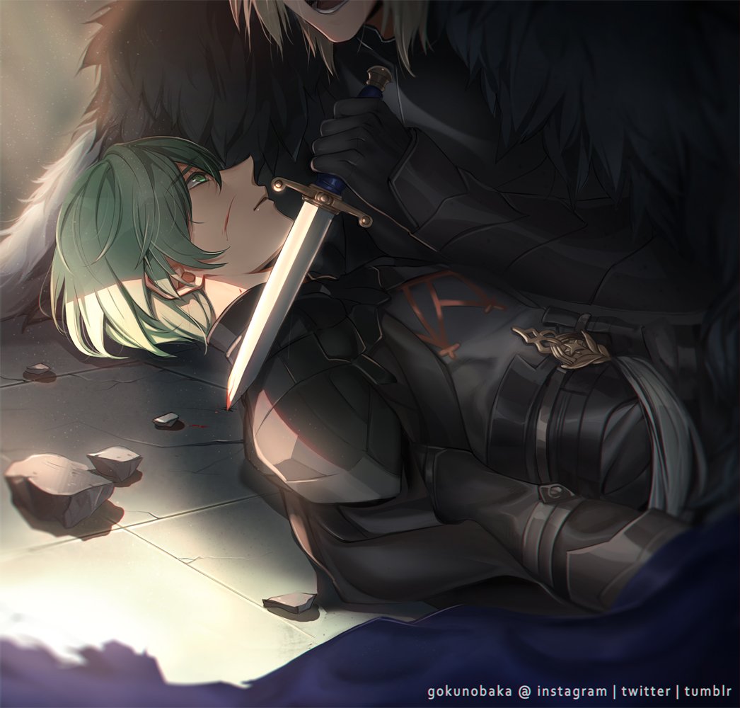 2boys armor armored_gloves belt black_armor black_belt black_fur black_shirt blonde_hair blood blood_on_face blue_cape breastplate byleth_(fire_emblem) byleth_(male)_(fire_emblem) cape commentary dagger debris dimitri_alexandre_blaiddyd english_commentary fire_emblem fire_emblem:_three_houses gokunobaka gorget green_eyes green_hair head_out_of_frame holding holding_dagger holding_knife holding_weapon instagram_username knife looking_at_another lying male_focus medium_hair multiple_boys nintendo on_back open_mouth parted_lips shirt short_hair teeth torn_cape torn_clothes tumblr_username twitter_username weapon white_fur