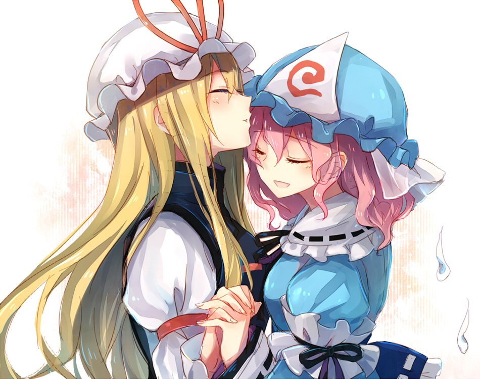 2girls :d arm_garter black_ribbon blonde_hair blue_hat blue_kimono closed_mouth commentary dress english_commentary hat hug_from_side interlocked_fingers japanese_clothes kimono kiss kissing_forehead lilith_(lilithchan) long_hair long_sleeves medium_hair mob_cap multiple_girls neck_ribbon open_mouth purple_tabard red_ribbon ribbon ribbon-trimmed_collar ribbon_trim saigyouji_yuyuko smile tabard touhou triangular_headpiece upper_body veil white_background white_dress white_hat white_veil yakumo_yukari yuri