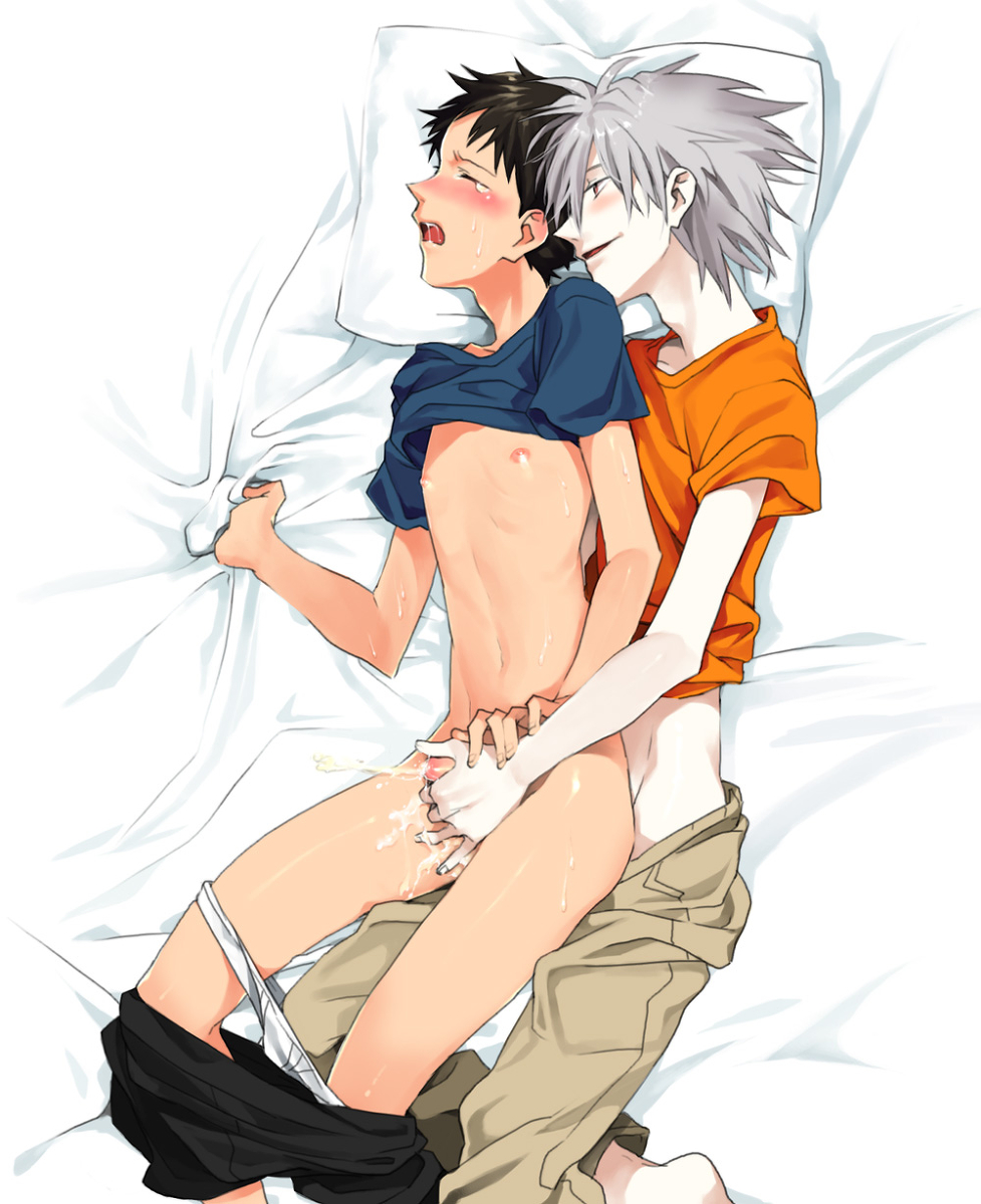 Ikari Shinji Nagisa Kaworu Neon Genesis Evangelion Highres 2boys Bed Blush Handjob Male 4960