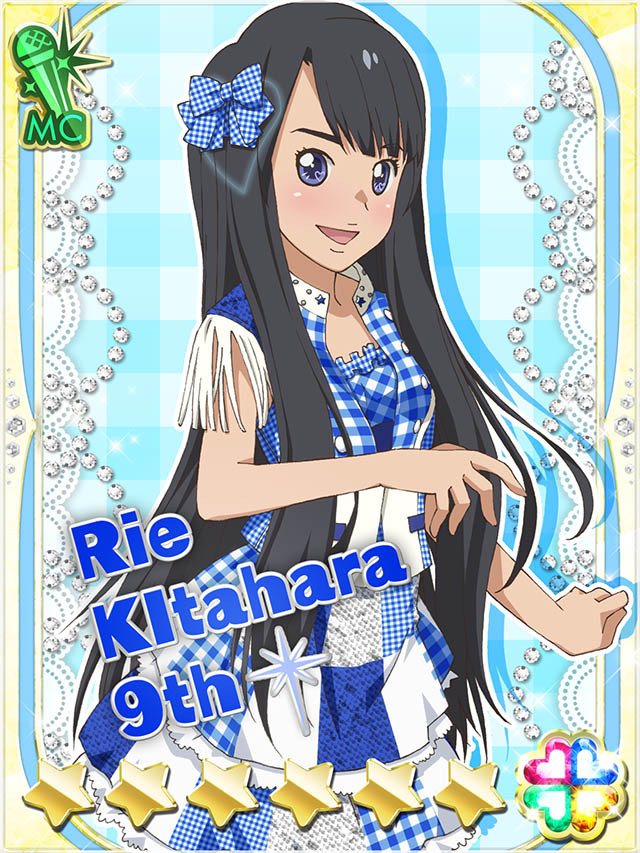 1girl :d akb0048 black_hair blue_bow blue_dress blue_eyes bow card_(medium) character_name copyright_name cowboy_shot dress frilled_dress frills gingham_background gingham_bow gingham_dress gingham_jacket heart idol_clothes jacket kitahara_rie_(akb0048) long_hair looking_at_viewer non-circular_lens_flare non-web_source official_art open_clothes open_jacket open_mouth short_sleeves smile solo sparkle standing star_(symbol) three_quarter_view very_long_hair