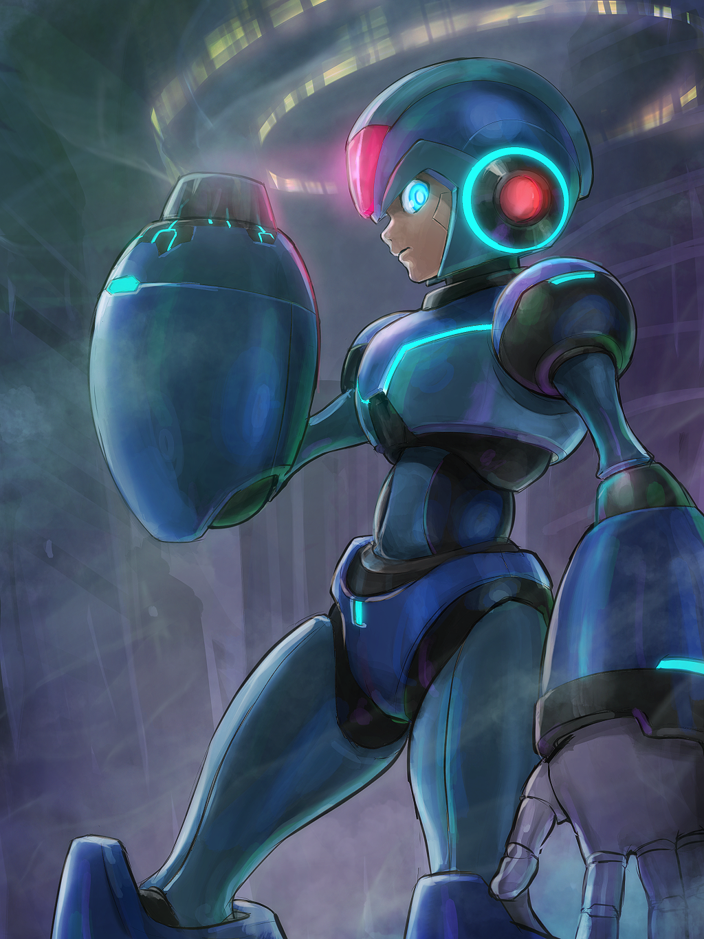 1boy arm_cannon armor blue_armor blue_eyes blue_helmet cowboy_shot halo helmet highres hoshi_mikan looking_at_viewer male_focus mega_man_(series) mega_man_x_(series) profile solo teppen weapon x_(mega_man)