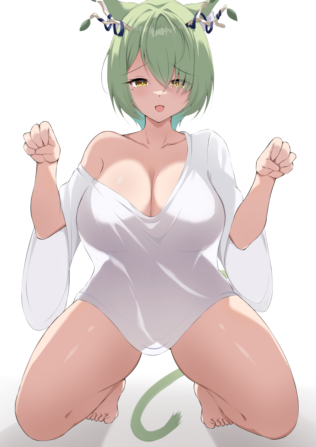 animal_ears antlers ass barefoot breasts cat_ears cat_tail ceres_fauna cleavage collarbone commentary_request crossed_bangs feet green_hair hair_between_eyes highres hololive hololive_english horns kneeling large_breasts leaf mole mole_under_eye open_mouth shirt short_hair simple_background tail thighs toes virtual_youtuber white_background white_shirt wide_sleeves zeropen