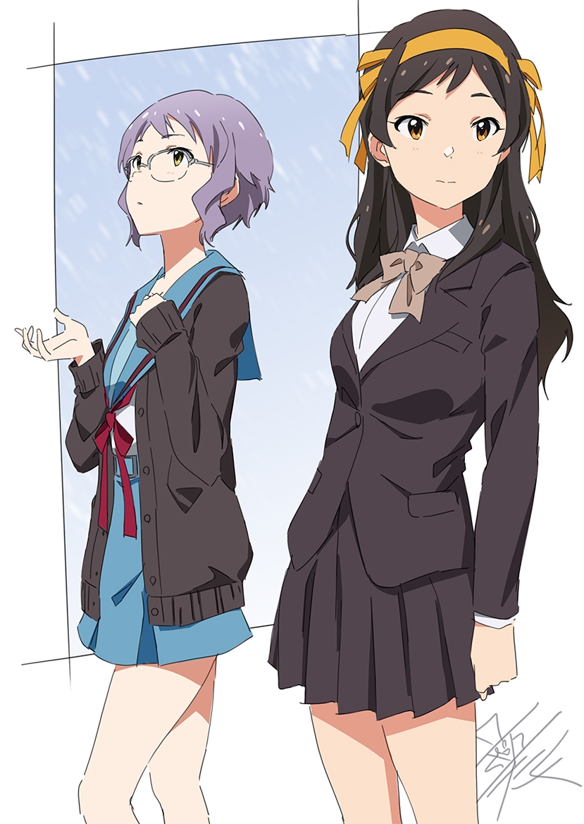 2girls black_hair black_jacket black_skirt blazer blue_sailor_collar blue_skirt bow bowtie brown_bow brown_bowtie brown_eyes collared_shirt cosplay glasses hair_ribbon idolmaster idolmaster_million_live! jacket kita_high_school_uniform kitazawa_shiho kouyouen_academy_school_uniform legs long_hair long_sleeves looking_up makabe_mizuki multiple_girls nagato_yuki nagato_yuki_(cosplay) parody pleated_skirt purple_hair red_ribbon ribbon sailor_collar school_uniform serafuku shirt short_hair skirt standing suzumiya_haruhi suzumiya_haruhi_(cosplay) suzumiya_haruhi_no_shoushitsu suzumiya_haruhi_no_yuuutsu taku1122 white_shirt winter_uniform yellow_eyes yellow_ribbon