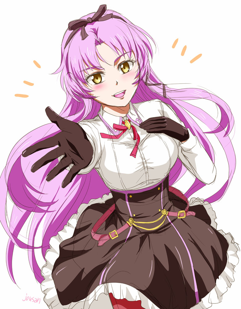 1girl artist_name black_gloves blush bolo_tie breasts curtained_hair dress eiyuu_densetsu floating_hair gloves kai_no_kiseki kuro_no_kiseki_(series) large_breasts long_hair looking_at_viewer open_mouth outstretched_hand purple_hair renne_(eiyuu_densetsu) sidelocks simple_background smile solo white_background xiacheng_tatsuya yellow_eyes