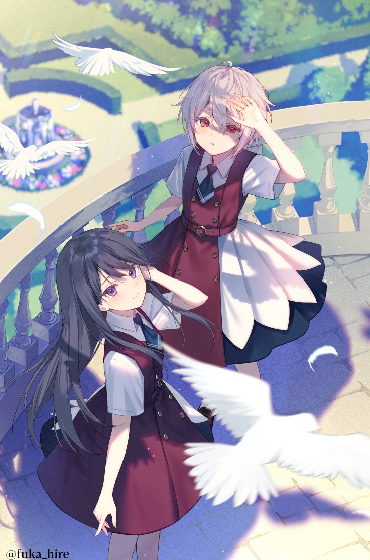 2girls arm_up balcony bird black_hair black_necktie closed_mouth commentary_request dress feathers fukahire_(ruinon) half-closed_eyes long_hair looking_at_viewer multicolored_clothes multicolored_dress multiple_girls necktie original purple_eyes red_dress red_eyes shirt short_hair short_sleeves smile twitter_username white_bird white_hair white_shirt