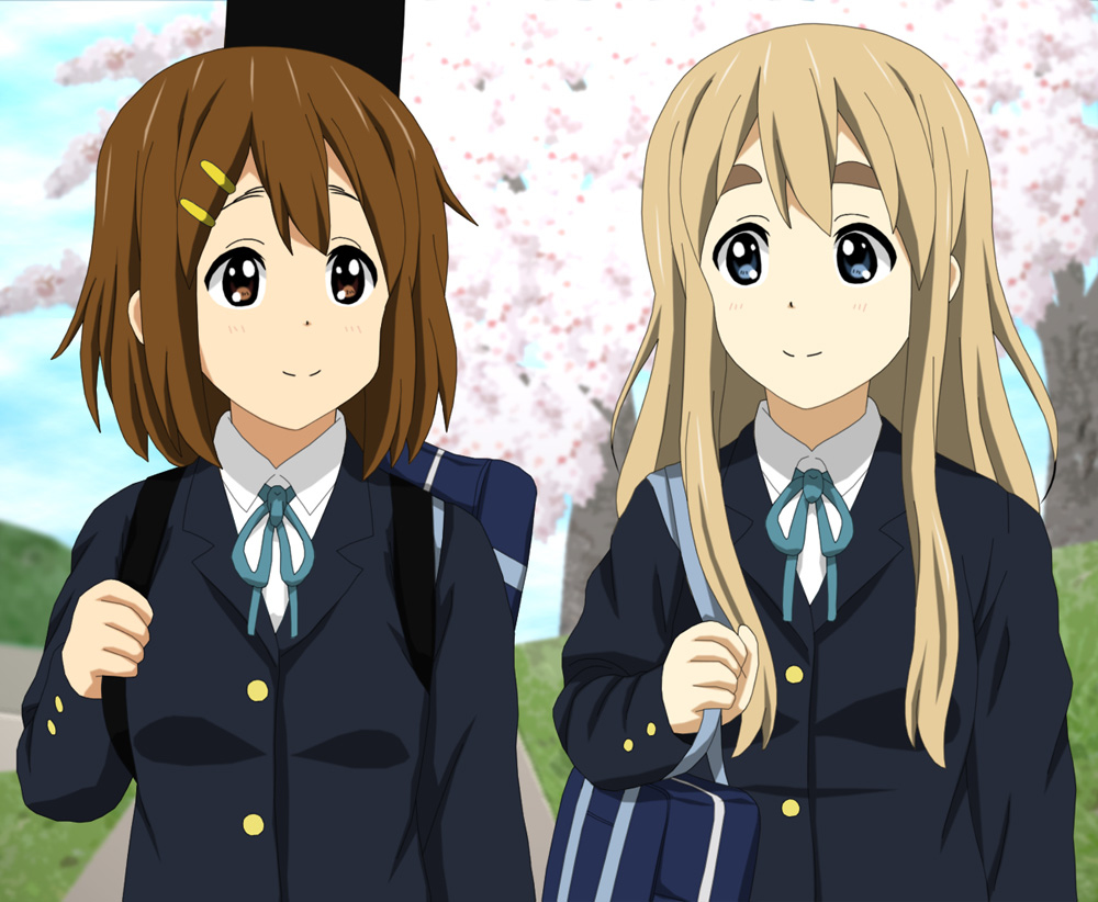 2girls bag blonde_hair blue_eyes brown_eyes brown_hair bushy_eyebrows cherry_blossoms closed_mouth cp9a day dot_nose feet_out_of_frame female_focus hair_ornament hairclip hirasawa_yui k-on! kotobuki_tsumugi long_hair long_sleeves multiple_girls outdoors sakuragaoka_high_school_uniform school_bag school_uniform short_hair smile spring_(season) standing thick_eyebrows tree