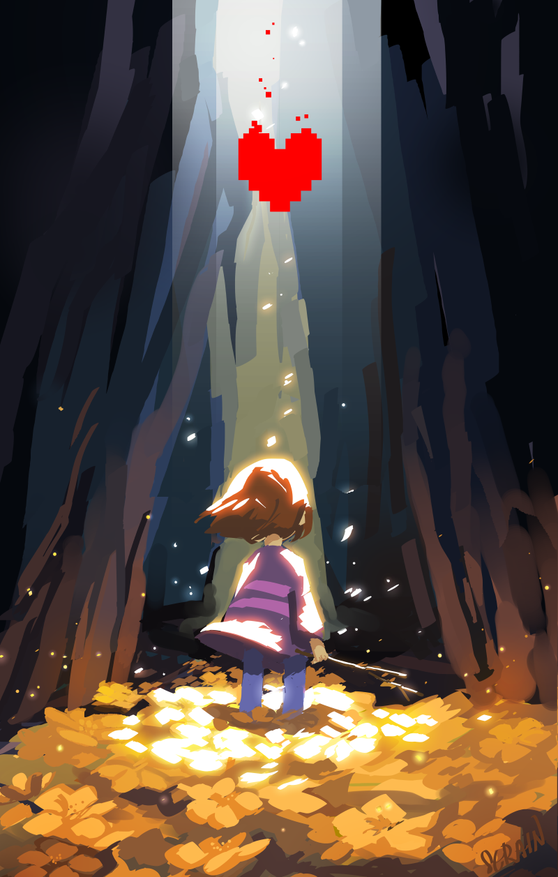 androgynous artist_name brown_hair cave field flower flower_bed flower_field frisk_(undertale) from_behind full_body gender_request heart highres pixelated serain shirt short_hair solo spotlight standing stick striped_clothes striped_shirt sunlight undertale