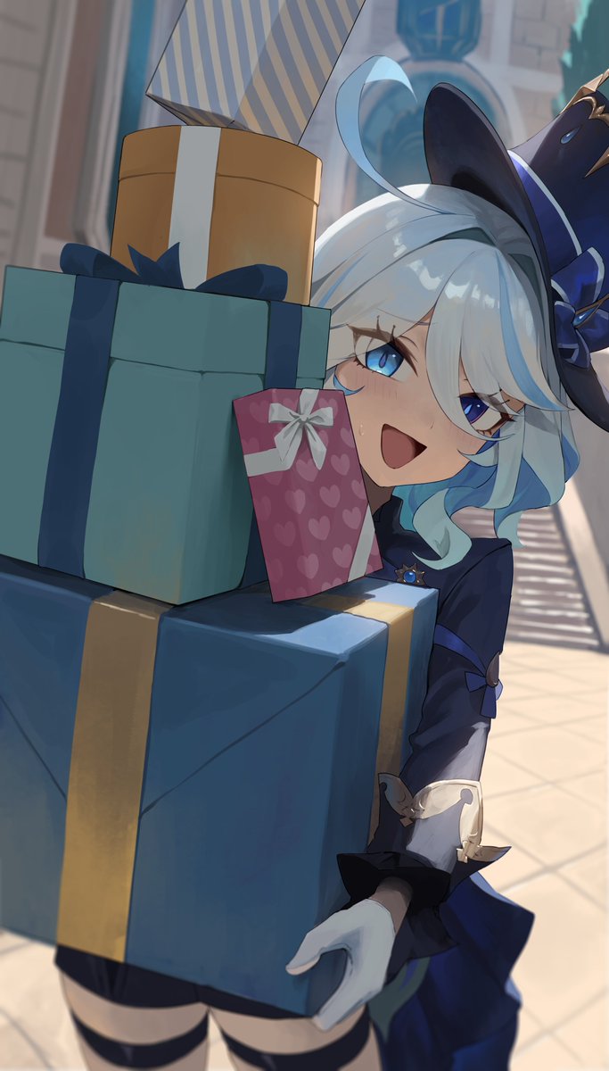 1girl ascot blue_eyes blue_gemstone blue_hair blue_hat blue_jacket blurry blurry_background box carrying commentary_request cowlick drop-shaped_pupils furina_(genshin_impact) gem genshin_impact gift gift_box gloves gomashiwo_o hair_between_eyes hat heterochromia highres holding holding_gift jacket light_blue_hair mismatched_pupils multicolored_hair open_mouth outdoors stairs streaked_hair symbol-shaped_pupils thigh_strap tile_floor tiles top_hat white_gloves