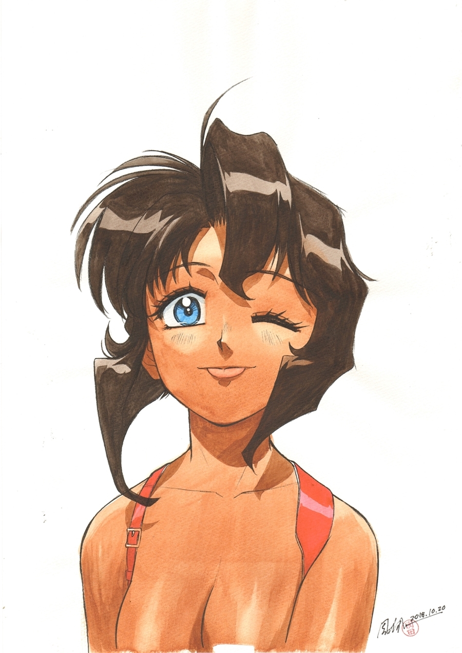 1girl artist_name black_hair blue_eyes blush bob_cut breasts cleavage close-up closed_mouth collarbone commentary cropped_torso dark-skinned_female dark_skin dated english_commentary gunsmith_cats hair_between_eyes highres holster inverted_bob looking_at_viewer marker_(medium) medium_breasts nude official_art one_eye_closed out-of-frame_censoring paper_texture portrait rally_vincent scan second-party_source short_hair shoulder_holster sidelocks signature simple_background solo sonoda_ken&#039;ichi straight-on teasing tongue tongue_out traditional_media white_background