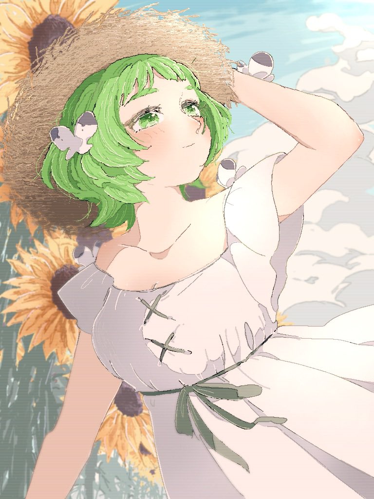 1girl bare_shoulders black_ribbon blush breasts butterfly_on_arm butterfly_on_hair butterfly_on_shoulder cleavage cloud cloudy_sky dress empire_waist female_focus field flower flower_field green_eyes green_hair hand_on_headwear hat kimi_no_koto_ga_dai_dai_dai_dai_daisuki_na_100-nin_no_kanojo light_smile matching_hair/eyes medium_hair nanoka_7no ribbon sky solo straw_hat sunflower sunflower_field upper_body waist_ribbon white_dress yasashiki_yamame