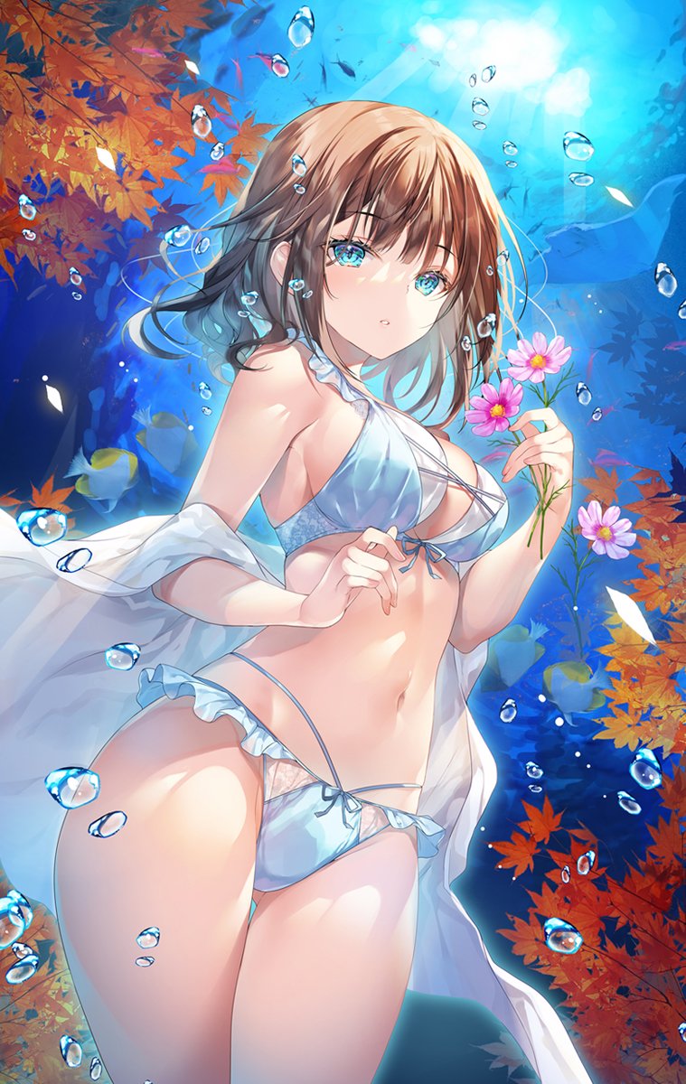 1girl :o air_bubble bare_shoulders bikini blue_eyes bra branch brown_hair bubble clothing_request cowboy_shot flower gesture_request highres holding holding_flower leaf looking_at_viewer miwabe_sakura original parted_lips short_hair solo stomach swimsuit thighs underwater underwear white_bra