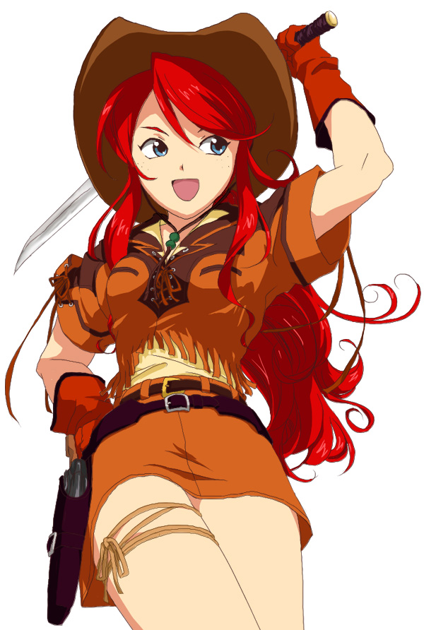 00s 1girl belt blue_eyes cowboy_hat cowboy_shot cowboy_western endo female_focus freckles fringe_trim gemini_sunrise gloves gun_holster hat holster katana ponytail red_hair sakura_taisen sakura_taisen_v skirt solo sword thigh_strap weapon