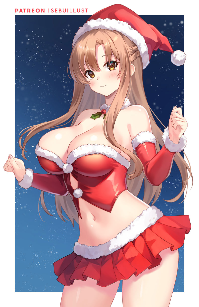 1girl asuna_(sao) bare_shoulders border breasts brown_eyes brown_hair christmas cleavage closed_mouth detached_sleeves fur-trimmed_headwear fur-trimmed_skirt fur-trimmed_sleeves fur_collar fur_trim hat highres large_breasts long_hair looking_at_viewer miniskirt navel red_hat red_skirt red_sleeves santa_costume santa_hat sebu_illust skirt smile solo star_(sky) starry_sky_background sword_art_online white_border