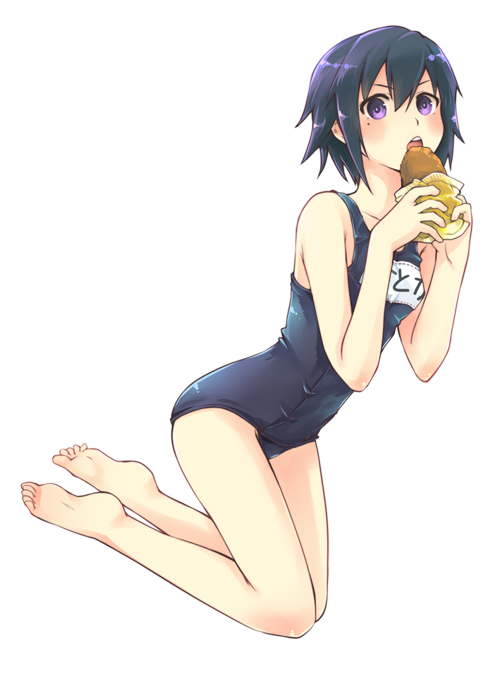 1girl black_hair blush brown_eyes eating food full_body makita_yoshiharu mole mole_under_eye one-piece_swimsuit open_mouth school_girl_strikers school_swimsuit short_hair simple_background solo sumihara_satoka swimsuit white_background yellow_eyes