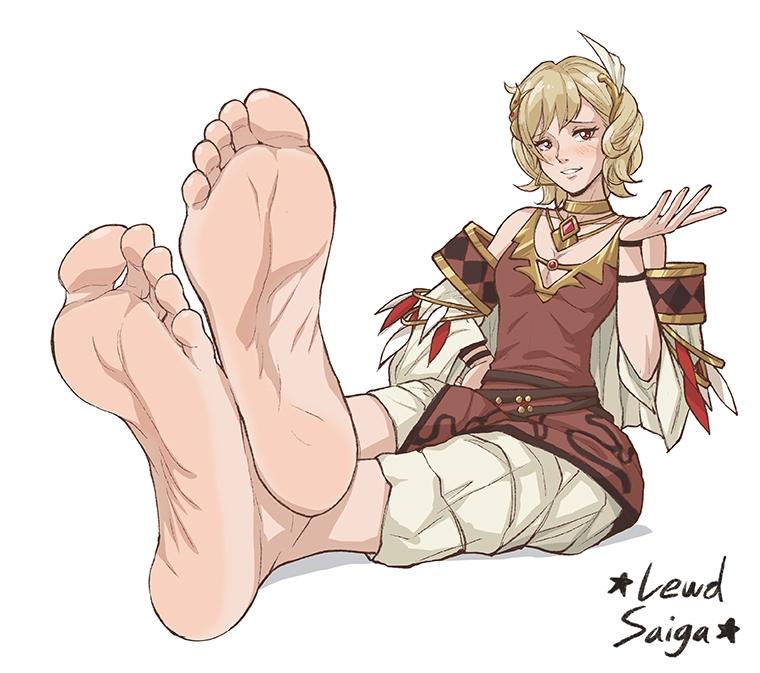 1girl bare_shoulders blonde_hair brown_dress citrinne_(fire_emblem) commission dress earrings feather_hair_ornament feathers feet fire_emblem fire_emblem_engage foot_focus gold_choker gold_trim hair_ornament hoop_earrings jewelry lewdsaiga mismatched_earrings nintendo red_eyes soles toes wing_hair_ornament