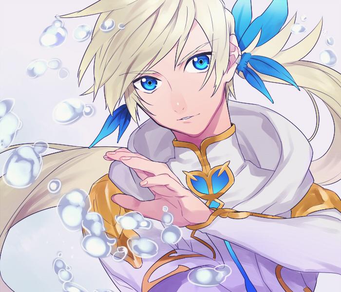 10s 1boy air_bubble bad_id bad_twitter_id bishounen blue_eyes bubble earrings feathers jewelry kamui_(tales_of_zestiria) long_hair male_focus mikleo_(tales) official_alternate_costume platinum_blonde_hair ponytail sachico66 solo sorey_(tales) tales_of_(series) tales_of_zestiria