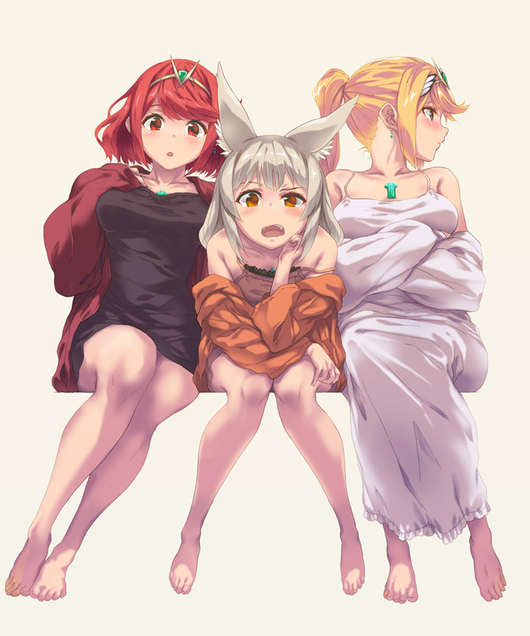 3girls animal_ear_fluff animal_ears bare_legs barefoot blonde_hair breasts brown_eyes cat_ears chest_jewel core_crystal_(xenoblade) fangs flat_chest grey_hair headpiece invisible_chair jacket leaning_forward light_blush looking_to_the_side medium_breasts multiple_girls mythra_(xenoblade) nanakusa nia_(xenoblade) nightgown off_shoulder open_mouth ponytail pyra_(xenoblade) raised_eyebrow red_hair short_hair simple_background sitting strap_slip tiara uneven_eyes xenoblade_chronicles_(series) xenoblade_chronicles_2