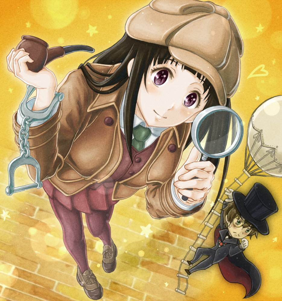 1boy 1girl balloon black_hair chitanda_eru cosplay cuffs deerstalker detective handcuffs hat holding holding_smoking_pipe hyouka kimi_ni_matsuwaru_mystery ladder long_hair magnifying_glass mugi_dango oreki_houtarou pantyhose perspective purple_eyes sherlock_holmes sherlock_holmes_(cosplay) smoking_pipe the_adventures_of_sherlock_holmes