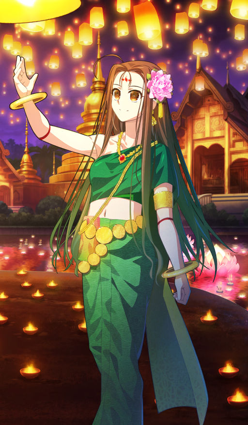 1girl aotsuki_takao armlet bracelet breasts brown_eyes brown_hair earrings facial_mark fate/grand_order fate_(series) flower forehead forehead_mark green_shirt green_skirt hair_flower hair_ornament indian_clothes jewelry lantern long_hair long_skirt midriff navel necklace nezha_(event_portrait)_(fate) nezha_(fate) official_art paper_lantern parted_bangs sari shirt single_bare_shoulder skirt small_breasts smile solo