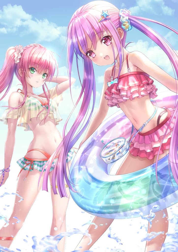 2girls aikawa_megumi bikini blue_sky cloud cloudy_sky goto_p green_eyes heaven_burns_red kunimi_tama lifebuoy long_hair multiple_girls pink_eyes pink_hair sky striped_bikini striped_clothes swim_ring swimsuit twintails two_side_up