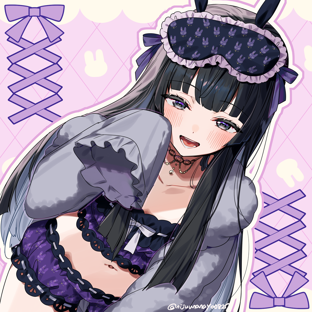 1girl animal_ears animal_print black_hair bloomers blush choker colored_inner_hair eye_mask fake_animal_ears frilled_sleeves frills hair_ribbon long_hair long_sleeves looking_at_viewer multicolored_hair navel nijisanji ninahachi open_mouth purple_eyes purple_ribbon rabbit_ears rabbit_print ribbon sleeves_past_fingers sleeves_past_wrists smile solo tsukino_mito tsukino_mito_(loungewear) twitter_username underwear virtual_youtuber