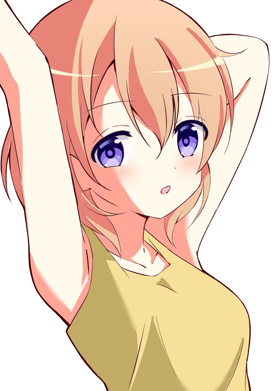 1girl arms_up bare_arms bare_shoulders breasts collarbone gochuumon_wa_usagi_desu_ka? hair_between_eyes highres hoto_cocoa looking_at_viewer medium_breasts medium_hair open_mouth orange_hair purple_eyes shirt simple_background sleeveless sleeveless_shirt solo spesium_zeperion white_background