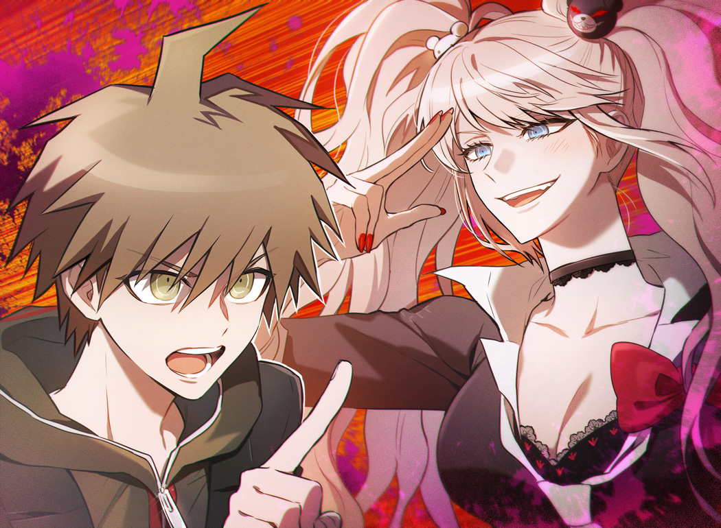 1boy 1girl ahoge bad_id bad_twitter_id bear_hair_ornament black_bra black_choker black_shirt blonde_hair blood blue_eyes bow bra breasts brown_hair choker cleavage collarbone danganronpa:_trigger_happy_havoc danganronpa_(series) enoshima_junko fangs freckles hair_ornament hood hood_down large_breasts long_hair naegi_makoto nail_polish necktie open_mouth pink_blood pointing ppap_(11zhakdpek19) red_background red_nails salute shirt short_hair twintails underwear white_neckwear