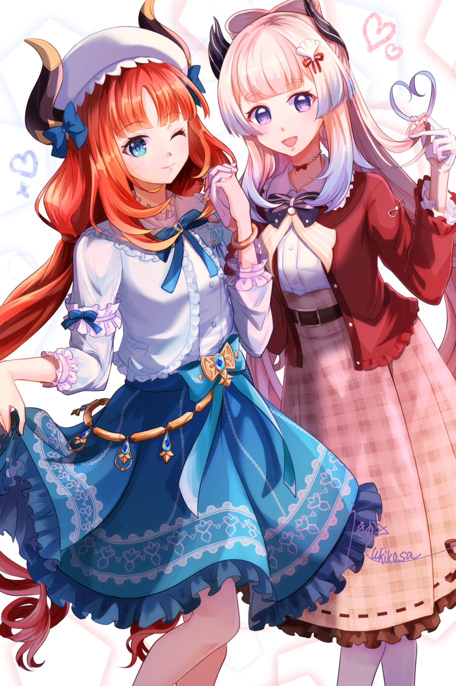 2girls :d ;) aqua_eyes black_bow black_bowtie blue_bow blue_bowtie blue_hair blue_skirt bow bowtie bracelet commentary_request dress_shirt fake_horns frilled_skirt frills genshin_impact gradient_hair hair_bow hand_up heart heart_hair highres holding holding_hands holding_own_hair horns interlocked_fingers jewelry long_hair looking_at_viewer multicolored_hair multiple_girls multiple_hair_bows nilou_(genshin_impact) nilou_(samsung)_(genshin_impact) one_eye_closed open_mouth parted_bangs patterned pink_hair purple_eyes red_hair red_vest sangonomiya_kokomi sangonomiya_kokomi_(sushiro) shirt signature skirt skirt_hold smile ukikasa19021 very_long_hair vest white_shirt