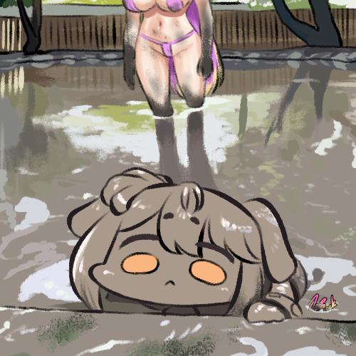 2girls :&lt; animal_ears bikini blonde_hair boryeon_(last_origin) breasts chibi colored_inner_hair dirty dog_ears dog_girl hachiko_of_castling jazz_jack large_breasts last_origin long_hair lowres mud mud_on_breasts multicolored_hair multiple_girls orange_eyes partially_submerged photo-referenced purple_hair signature swimsuit thong tree