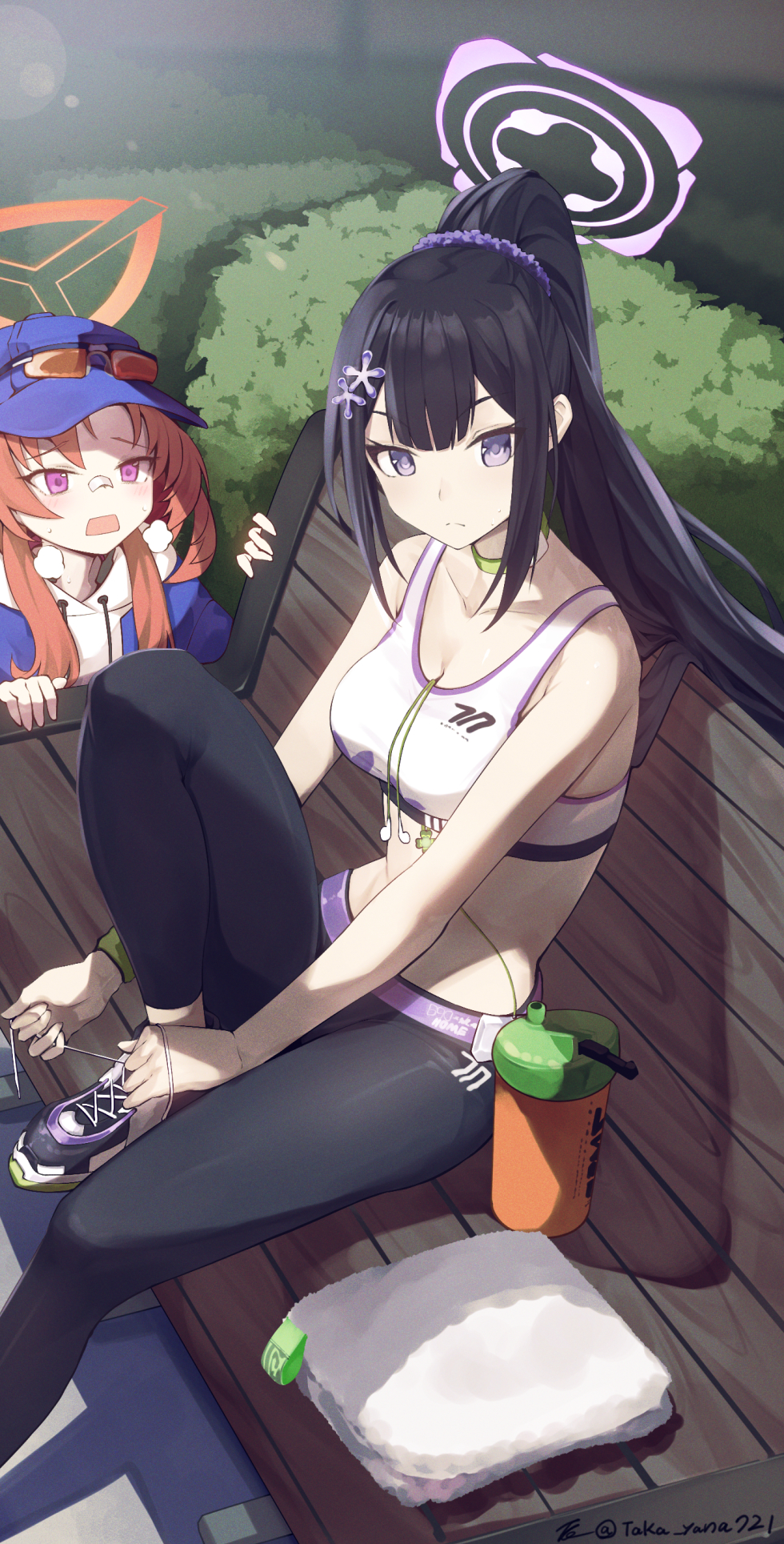 2girls bandaid bandaid_on_face bandaid_on_nose baseball_cap bench black_hair black_pants blue_archive blue_jacket bottle breasts choker eyewear_on_headwear green_choker halo hand_towel hat highres jacket long_hair long_sleeves multiple_girls navel orange_hair pants park_bench ponytail purple_eyes purple_scrunchie rei_(blue_archive) scrunchie sitting sports_bra sports_sunglasses standing standing_on_one_leg sumire_(blue_archive) sunglasses taka.yana tying_footwear water_bottle white_sports_bra yoga_pants