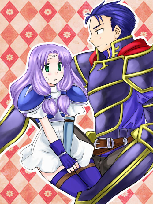 1boy 1girl armor asymmetrical_gloves blush bo_(774berry) circlet dress elbow_gloves fingerless_gloves fire_emblem fire_emblem:_the_blazing_blade florina_(fire_emblem) gloves green_eyes hector_(fire_emblem) long_hair mismatched_gloves nintendo purple_hair short_dress single_elbow_glove thighhighs