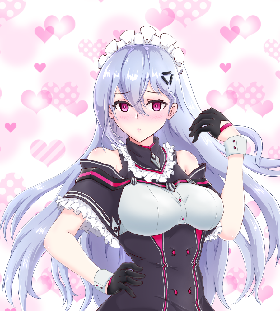 1girl bare_shoulders black_gloves blush breasts gloves hair_between_eyes heart iron_saga long_hair maid maid_headdress purple_eyes tanakarabotamotiga trista_(iron_saga) upper_body white_hair