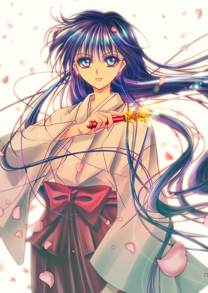 1girl bad_id bad_pixiv_id bishoujo_senshi_sailor_moon blurry bow earrings expressionless female_focus hino_rei holding japanese_clothes jewelry long_hair magic miko petals purple_eyes purple_hair solo star_(symbol) tsukasaki_ryouko waist_bow wand