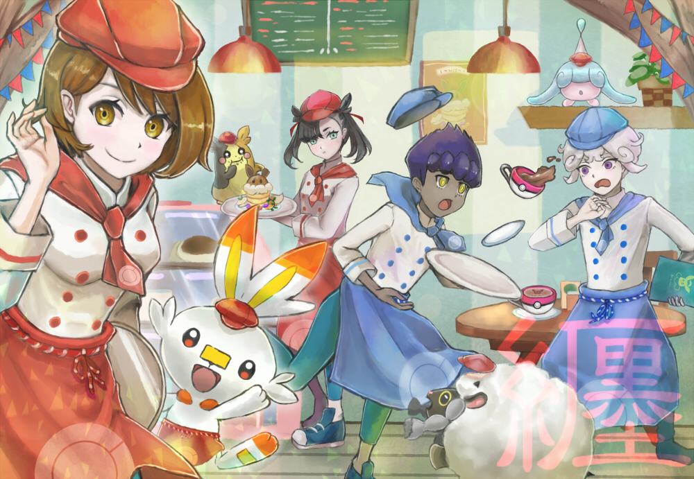 2boys 2girls apron bede_(pokemon) black_hair blue_headwear blush brown_eyes brown_hair chair commentary_request cosplay creatures_(company) cup dark-skinned_male dark_skin eyelashes game_freak gen_8_pokemon gloria_(pokemon) grey_hair hat hatenna holding holding_tray hop_(pokemon) indoors leah_(pokemon) leah_(pokemon)_(cosplay) looking_at_viewer marnie_(pokemon) morpeko morpeko_(full) multiple_boys multiple_girls nintendo orange_headwear panicking pokemon pokemon_cafe_remix pokemon_swsh purple_eyes purple_hair red_headwear scorbunny setta_shu smile table teacup tray waist_apron waiter waitress watermark wooden_table wooloo yellow_eyes