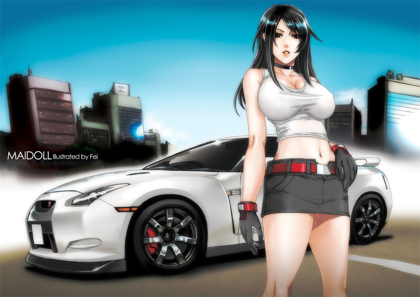 1girl black_hair breasts building car cleavage fei_(maidoll) female_focus gloves large_breasts long_hair motor_vehicle nissan nissan_gt-r nissan_gtr original red_eyes solo vehicle vehicle_focus