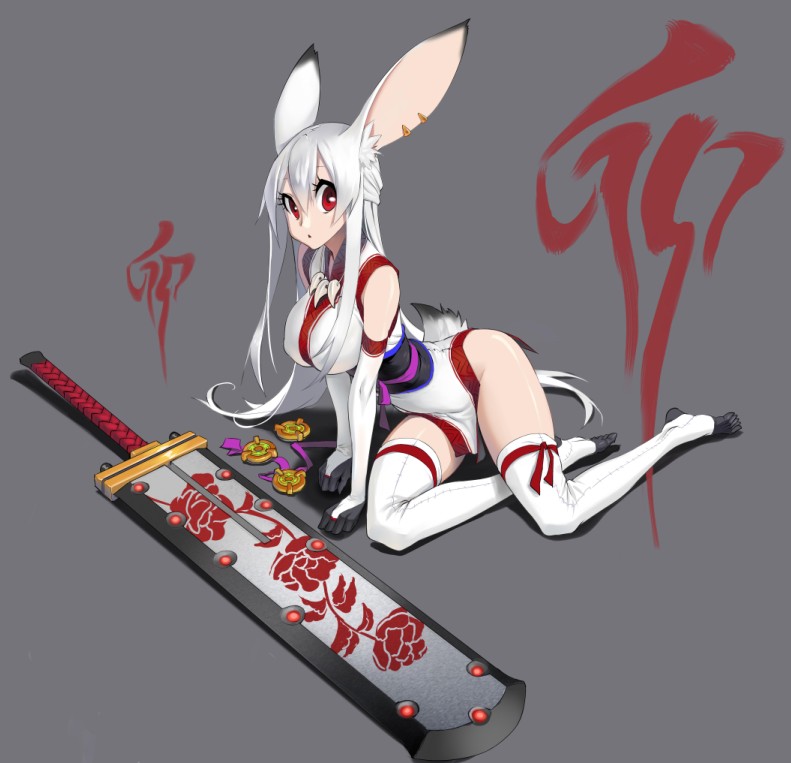 1girl albino animal_ears arm_support breasts elbow_gloves female_focus gloves half_updo hk33 huge_weapon japanese_clothes jpeg_artifacts large_breasts long_hair magatama no_panties obi rabbit_ears rabbit_tail red_eyes sash simple_background sitting solo sword tail thighhighs weapon white_gloves white_hair white_thighhighs yokozuwari