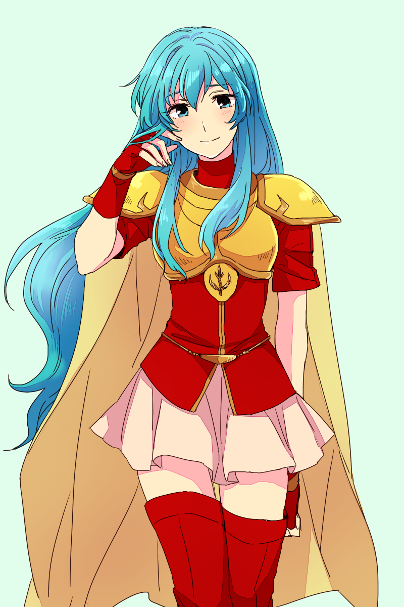 1girl 31sgic aqua_eyes aqua_hair armor blouse blue_background blush boots breastplate cape cowboy_shot eirika_(fire_emblem) female_focus fingerless_gloves fire_emblem fire_emblem:_the_sacred_stones gloves hair_between_eyes hand_in_own_hair highres looking_at_viewer miniskirt nintendo red_gloves red_thighhighs shirt simple_background sketch skirt smile solo thigh_boots thighhighs turtleneck zettai_ryouiki