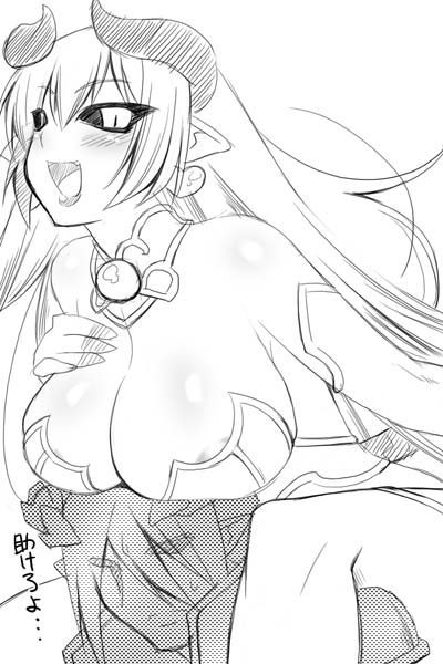 1girl astaroth_(shinrabanshou) black_sclera blush breast_rest breasts breasts_on_head cleavage colored_sclera demon_girl earrings female_focus greyscale heart heart_earrings horns huge_breasts jewelry long_hair monochrome pointy_ears shinrabanshou solo utamaro